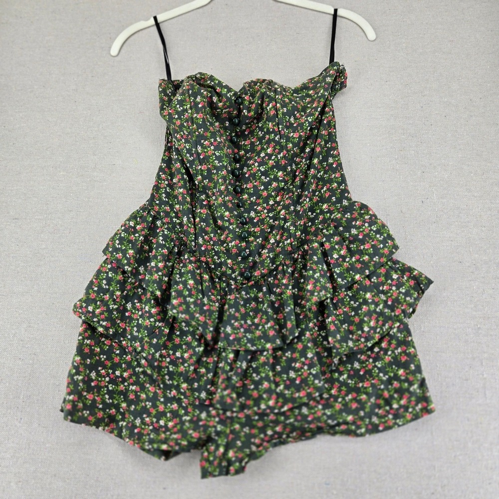Red Berry Floral Strapless Tiered Ruffle Romper Dress Medium